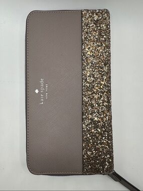 kate spade gray taupe leather wallet with gold glitter NWOT